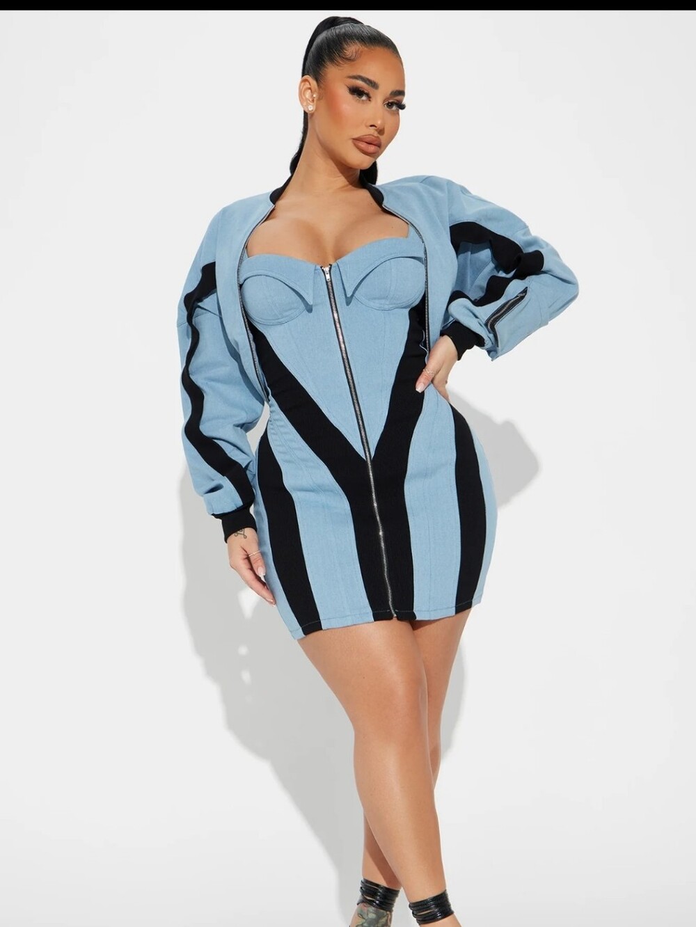 Blue & Black Zip-Front Bodycon Mini Dress And Jacket Size XL NWT